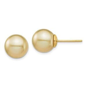 14K 10-11mm Golden Round Saltwater Cultured South Sea Pearl Post Earrings